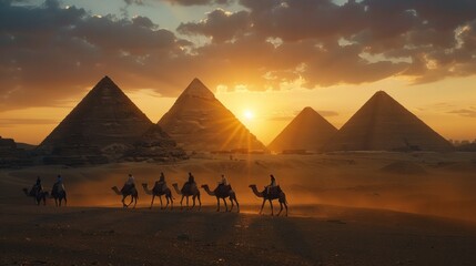 The sun sets behind the Great Pyramids of Giza. It creates a beautiful and breathtaking scenery for tourists passing by on camels.