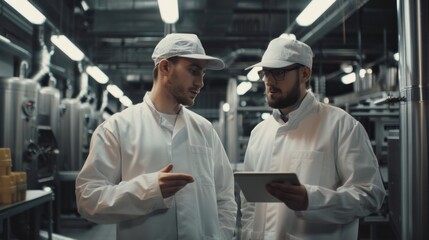 Two food factory workers discuss work-related matters. Use a tablet computer for work. They wore white surgical caps and work overalls.