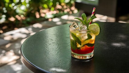 Refreshing mojito cocktail with mint rum and lime cold drink or beverage with ice on dark stone table