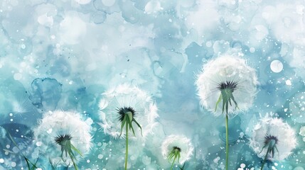 A whimsical watercolor design of dandelion fluff blowing in the breeze surrounded by soft blue and green watercolor flowers..