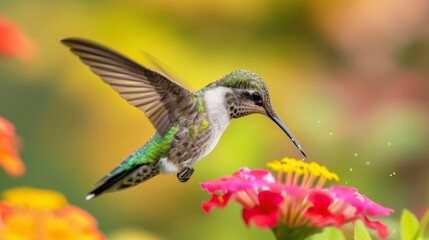 Fototapeta premium A hummingbird in flight, hovering above colorful flowers with wings outstretched, in a vibrant garden setting.
