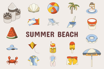 Summer Beach Lineal Color Vector Illustration Icon Sticker Set Design Materials