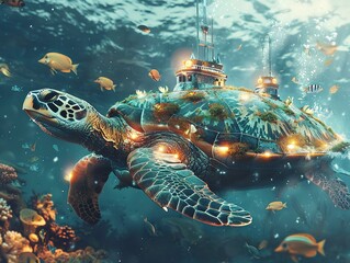 Obraz premium Adventure submarine birthday card mockup, A digital illustration of a majestic sea turtle merged with a futuristic underwater cityscape, surrounded by fish.