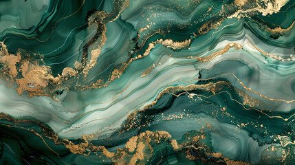 Marble-like texture in forest green and pale gold alcohol ink waves, showcased in ultra HD.