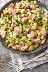 Salad combine the tuna, beans, onions, celery, capers and vinaigrette sauce closeup on the plate on the table. Vertical top view from above