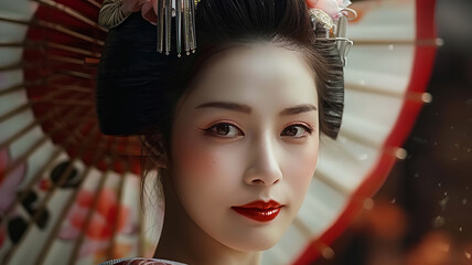 Young geisha looking at camera elegant and beautiful, AI Generative.