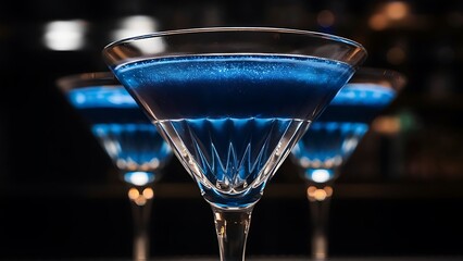 Close up of blue martini cocktail glass is on bar dark background