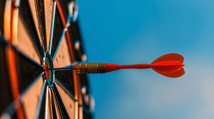 The ultimate symbol of accuracy, a dart in the center of a target with a clear blue backdrop