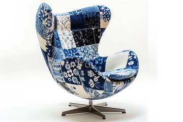 A patterned fabric egg chair in shades of blue, isolated on solid white background.