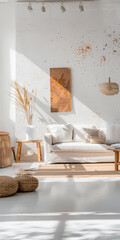 Artist loft living room space with boho elements. Interior design concept composition.