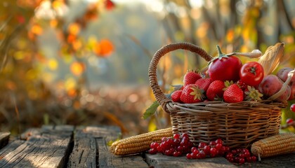 Thansgiving agriculture harvest banner apsicum, tomato, beetroot, strawberry, raspberry ,red corn on the in a basket put on dark brown wooden floor, with defocused landscape field in the background