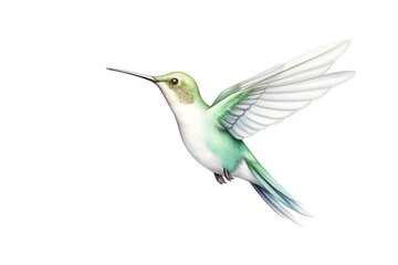 Fototapeta premium A watercolor painting of a hummingbird with vibrant feathers hovering in mid-air.