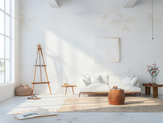 Artist loft living room space with boho elements. Interior design concept composition.