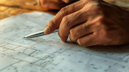 Close-up of an architect's hands reviewing detailed architectural blueprints on a wooden table.