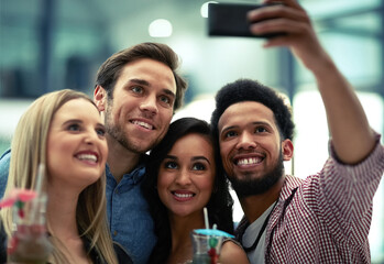 Friends, selfie and smile with nightclub, event or cocktail party for new year celebration. Group,...