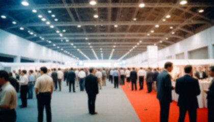 Business conference, trade fair, expo hall, crowd activity and attendees, blurred background, copy space - obrazy, fototapety, plakaty