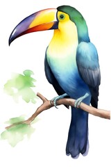 Fototapeta premium A vibrant watercolor painting of a toucan, perched on a branch with green leaves. The toucan has bright blue and green feathers, a yellow and orange beak, and a piercing green eye.