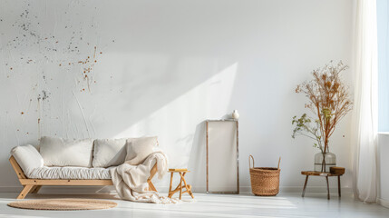 Artist loft living room space with boho elements. Interior design concept composition.