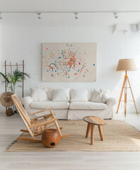 Artist loft living room space with boho elements. Interior design concept composition.