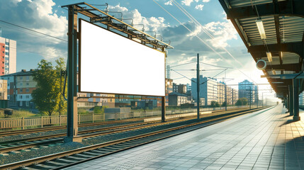 A modern city billboard stands empty along a train track, providing space for advertising mockups