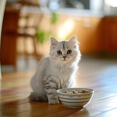 Close up of kitten eating food on blurred kitchen background with copy space, pet care concept, animal behavior
