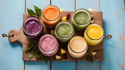 Mixed fruit smoothies in glass jars on rustic wooden background