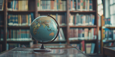globe in a library with a map Old geographical globe and old book in cabinet with bookshelves Science education library blur background