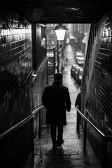 Solitary man walking through a rain-drenched alleyway, the glow of a street lamp creating a reflective scene.