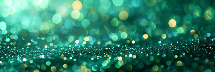 Jade Green Glitter Defocused Abstract Twinkly Lights Background, glowing blurred lights in vibrant jade green shades.