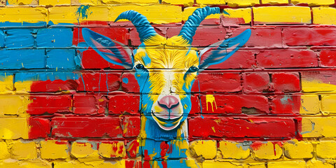 graffiti on the wall painted goat on brick wall with a red yellow color street pop art background