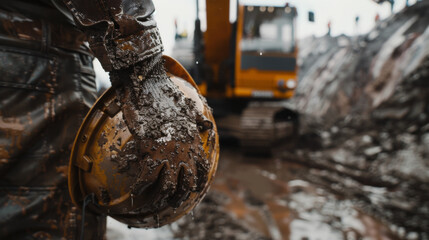 A muddy safety helmet hangs in the foreground with a heavy construction excavator in the background.
