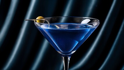 Close up of blue martini cocktail glass is on bar dark background - obrazy, fototapety, plakaty
