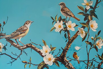 Blue Background Birds and White Flowers - Nature-Inspired Vertical Oil Painting for Interior Design