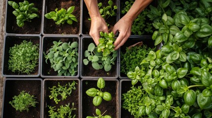 Top-down view of someone tending to various small plants growing in individual containers.