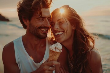 A couple enjoying ice cream cones in the sunshine on the beach in a relaxed and romantic style