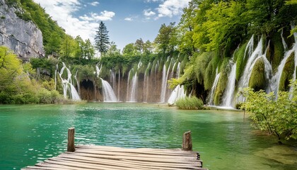Plitvice Lakes National Park in Croatia, cascading waterfalls, crystal-clear lakes