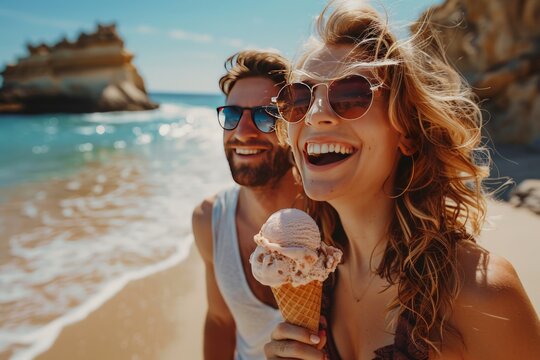A couple enjoying ice cream cones in the sunshine on the beach in a relaxed and romantic style