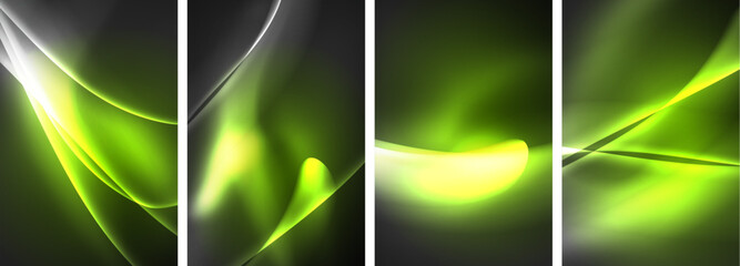 Four banners featuring green and white lights on a black background showcasing water, liquid, terrestrial plant, rectangles, fonts, tints and shades, art, glass, circles, and hints of electric blue