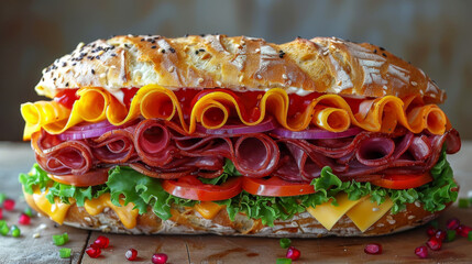Classic subway sandwich, isolated on background.	Fresh toppings. Healthy food.