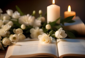 A white memorial candle surrounded by white flowers and an open book in a dimly lit room.