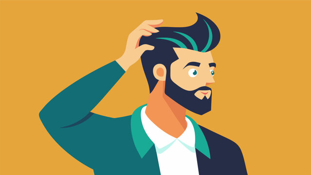 With a firm hand a man expertly styles his hair with a premium pomade taking pride in his signature look..