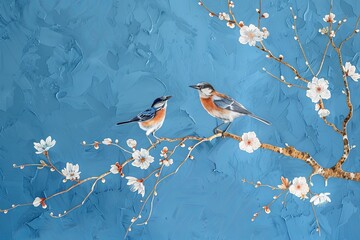 Blue Morning Tranquility: Bird and Tree Branch Digital Oil Painting