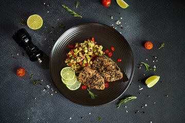 pieces of Organic grilled Tuna fillet covered with sesame seeds and salsa on black ceramic plate