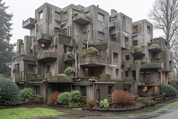 Minimalist Lines: Brutalist Concrete Apartment Complex with Exposed Piping