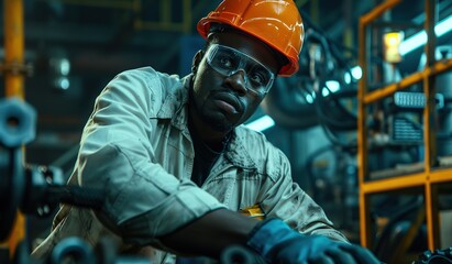 Industrial worker examining machinery in a factory.