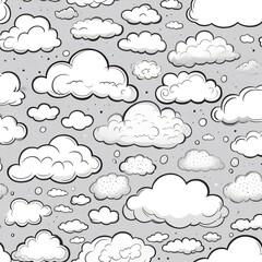 Seamless pattern in doodle style. White clouds and rain are drawn on a gray background. illustration