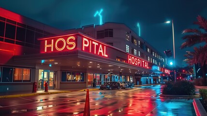 A neon sign for a hospital is lit up in the rain