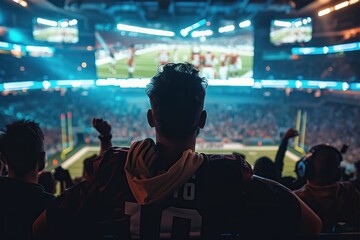 A man in a black jersey with the number 10 on it is watching a football game