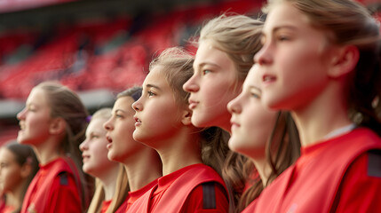 A choir of football fans girls singing their team, generative Ai