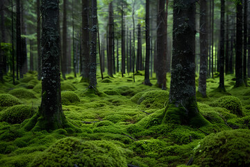 Obraz premium A peaceful Scandinavian forest filled with green moss and tall trees, creating a serene and tranquil natural environment.